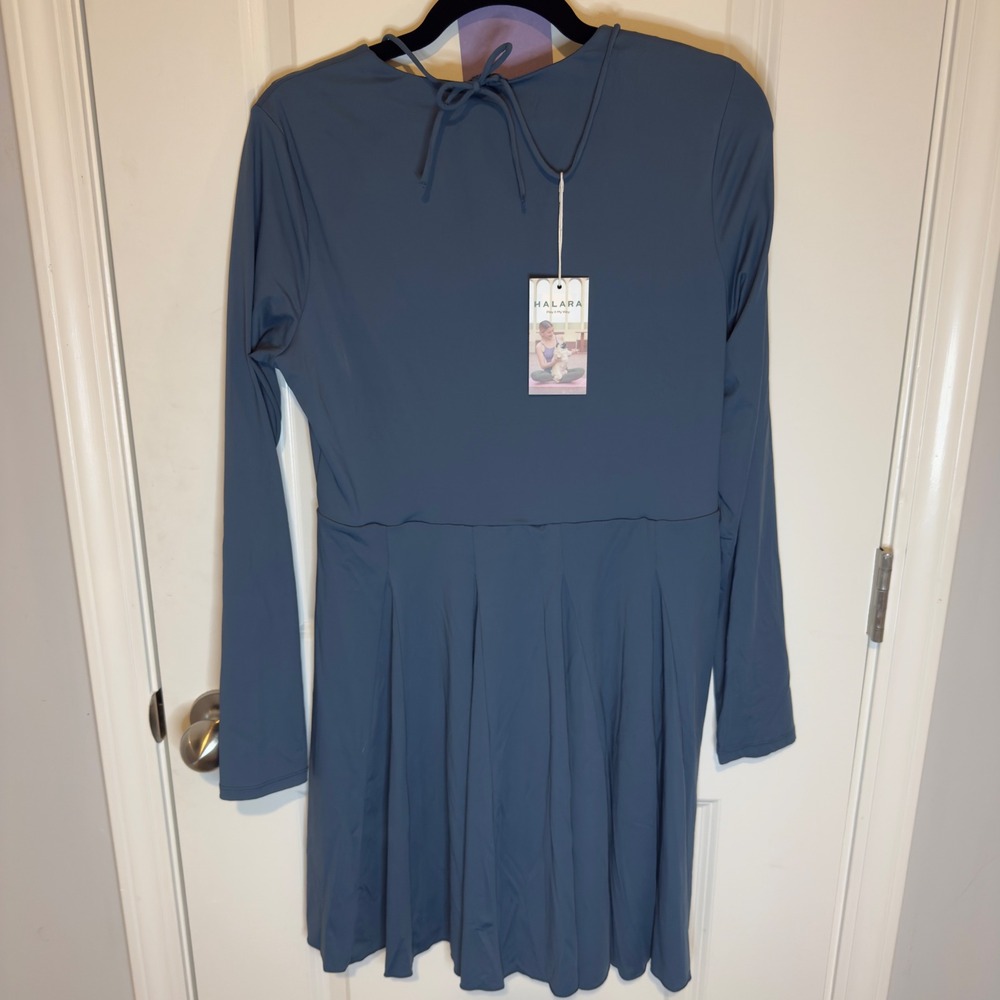 HALARA Long Sleeve Crisscross V Neck Athletic Mini Dress Blue XL - Picture 2 of 7